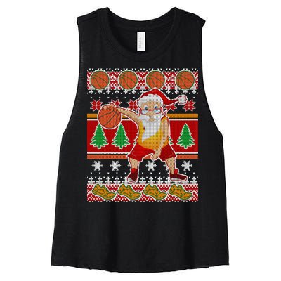 Santa Dribbling A Basketball Ugly Christmas Women's Racerback Cropped Tank