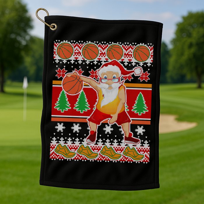 Santa Dribbling A Basketball Ugly Christmas Golf Towel