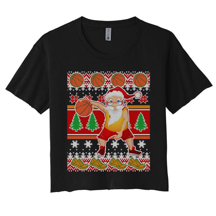 Santa Dribbling A Basketball Ugly Christmas Women's Crop Top Tee