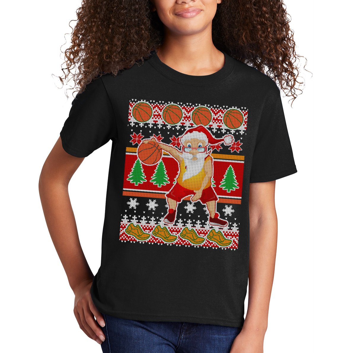 Santa Dribbling A Basketball Ugly Christmas Kids T-Shirt