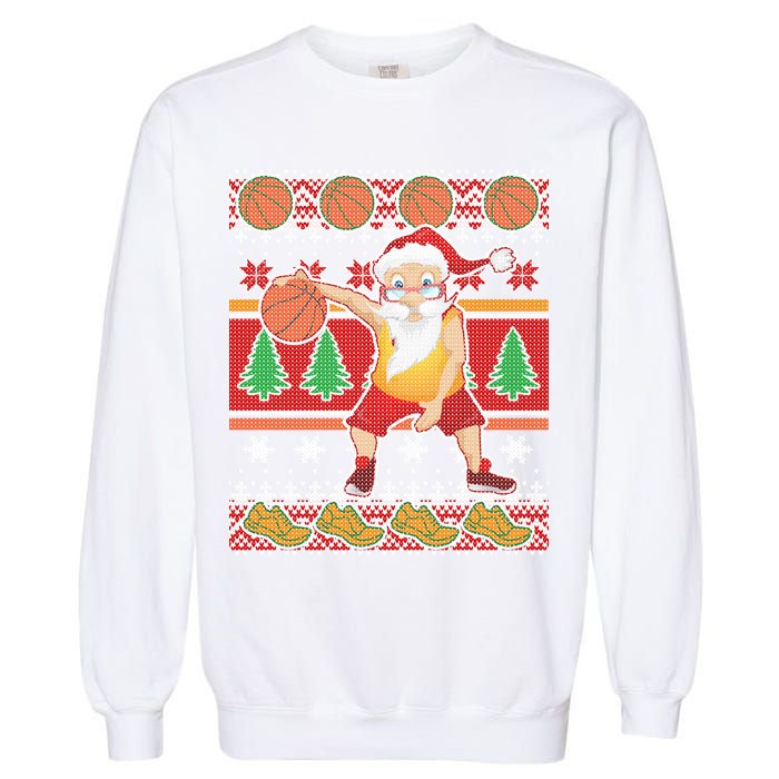 Santa Dribbling A Basketball Ugly Christmas Garment-Dyed Sweatshirt