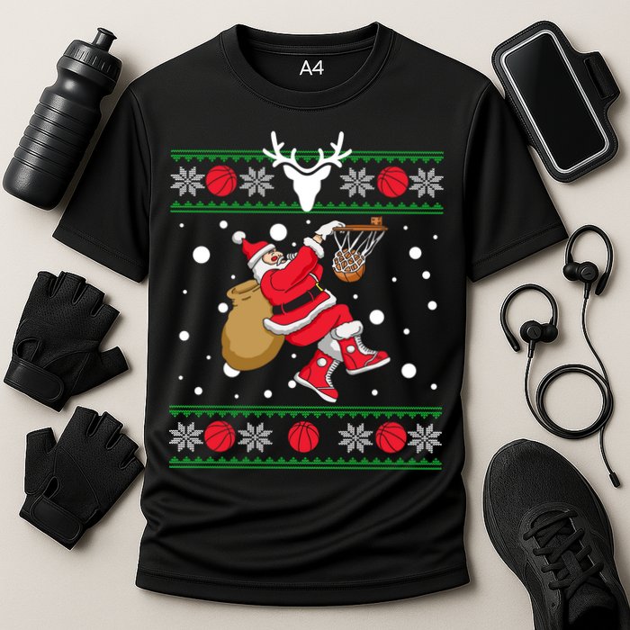 Santa Dunking Basketball Ugly Christmas Cooling Performance Crew T-Shirt