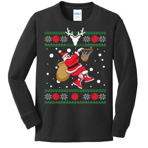 Santa Dunking Basketball Ugly Christmas Kids Long Sleeve Shirt