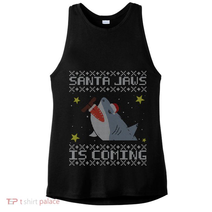 Santa Jaws Is Coming Ugly Christmas Ladies PosiCharge Tri-Blend Wicking Tank