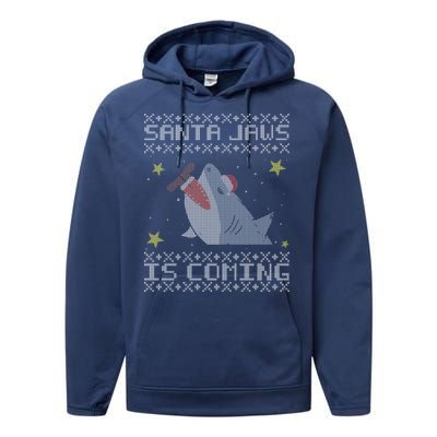 Santa Jaws Is Coming Ugly Christmas Performance Fleece Hoodie