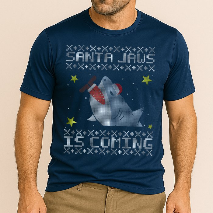 Santa Jaws Is Coming Ugly Christmas Cooling Performance Crew T-Shirt