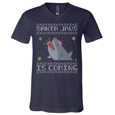 Santa Jaws Is Coming Ugly Christmas V-Neck T-Shirt