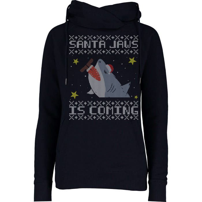 Santa Jaws Is Coming Ugly Christmas Womens Funnel Neck Pullover Hood