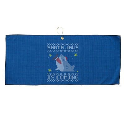 Santa Jaws Is Coming Ugly Christmas Large Microfiber Waffle Golf Towel