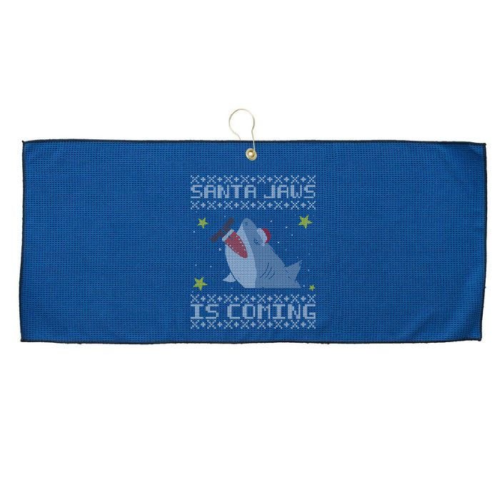 Santa Jaws Is Coming Ugly Christmas Large Microfiber Waffle Golf Towel