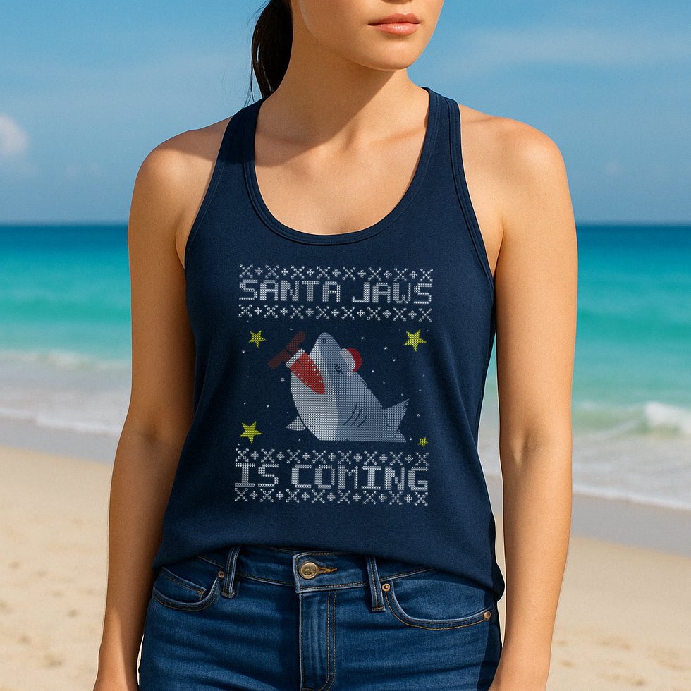 Santa Jaws Is Coming Ugly Christmas Womens Tank Top