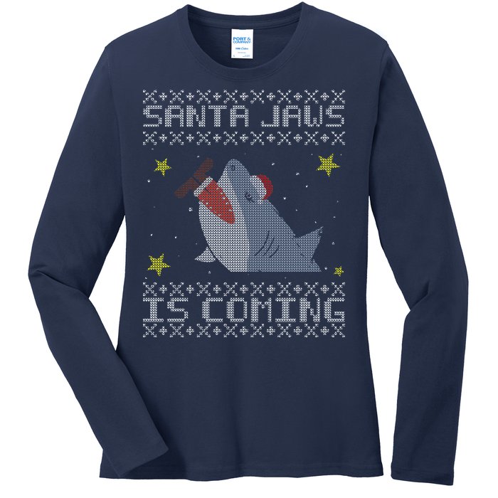 Santa Jaws Is Coming Ugly Christmas Ladies Long Sleeve Shirt