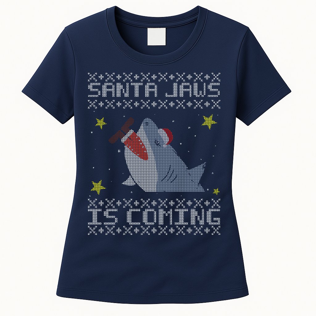 Santa Jaws Is Coming Ugly Christmas Womens T-Shirt