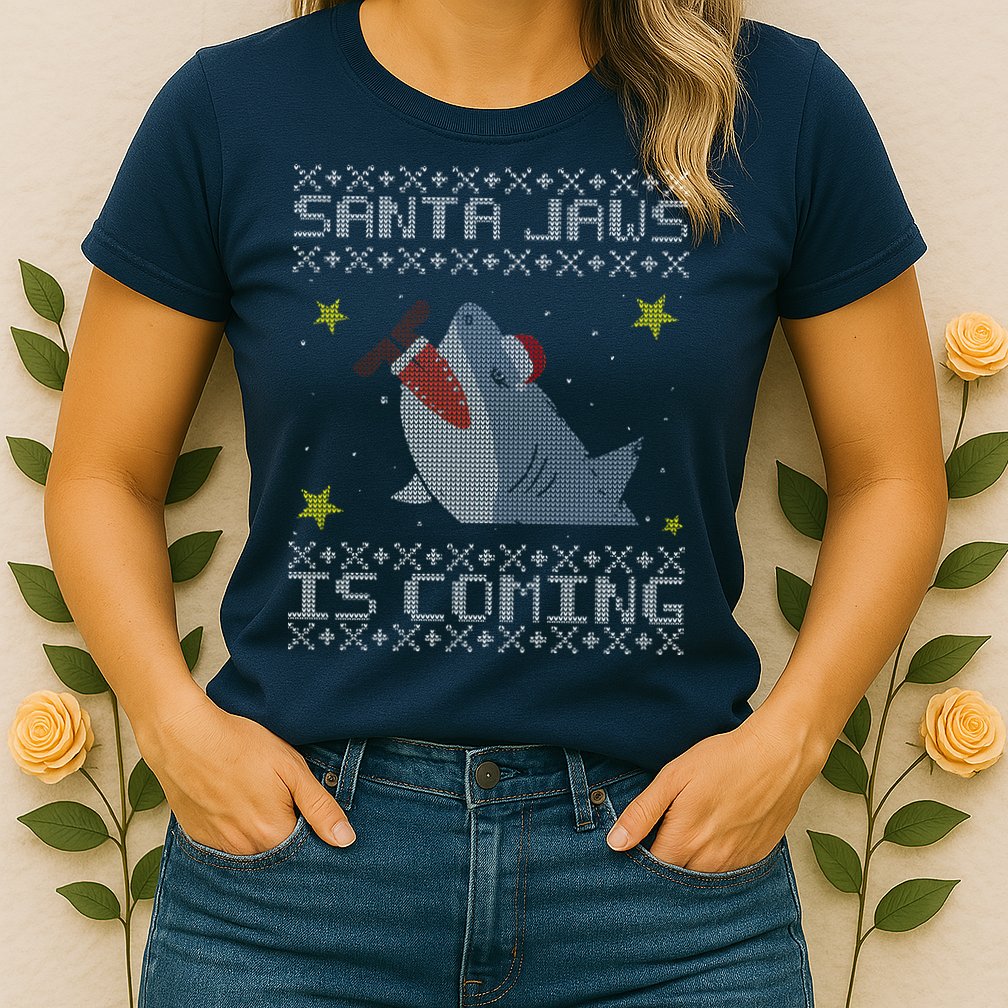 Santa Jaws Is Coming Ugly Christmas Womens T-Shirt