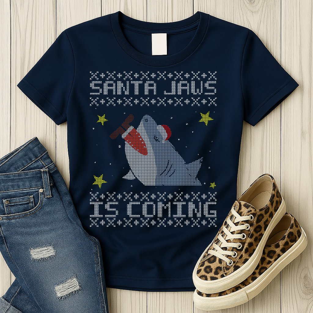 Santa Jaws Is Coming Ugly Christmas Womens T-Shirt