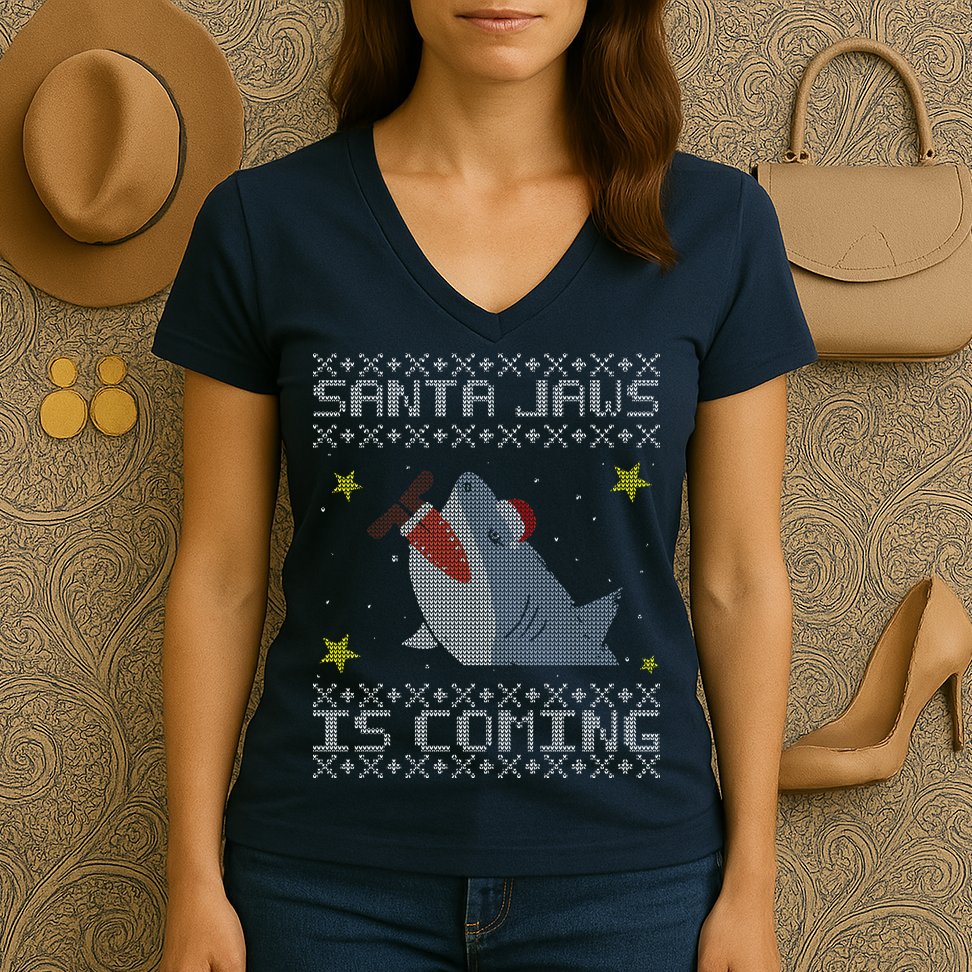 Santa Jaws Is Coming Ugly Christmas Women's V-Neck T-Shirt