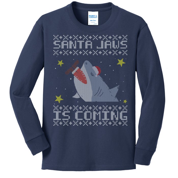 Santa Jaws Is Coming Ugly Christmas Kids Long Sleeve Shirt