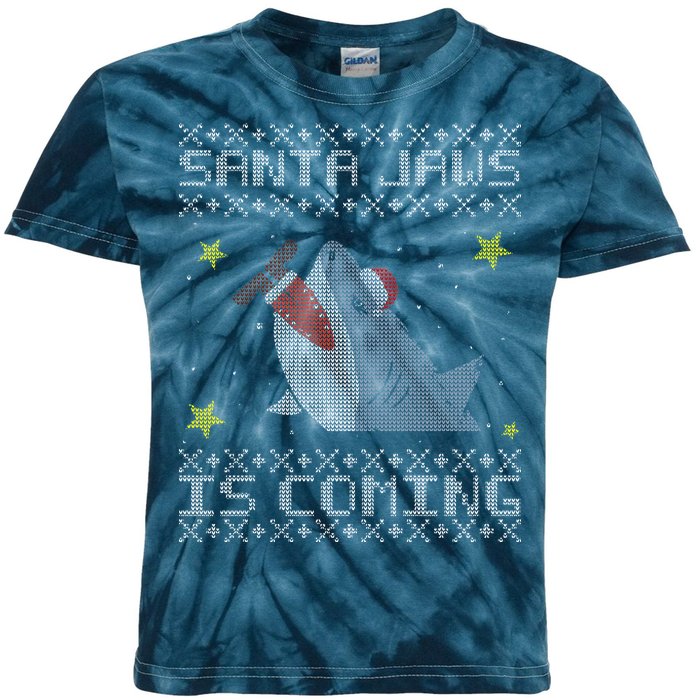 Santa Jaws Is Coming Ugly Christmas Kids Tie-Dye T-Shirt