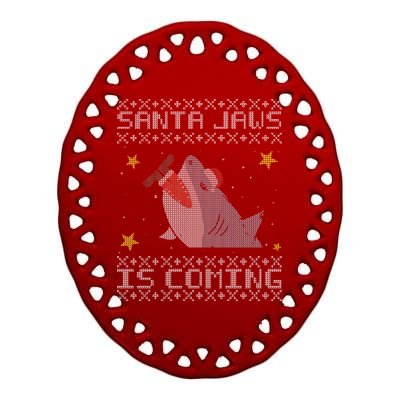 Santa Jaws Is Coming Ugly Christmas Ceramic Oval Ornament