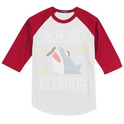 Santa Jaws Is Coming Ugly Christmas Kids Colorblock Raglan Jersey