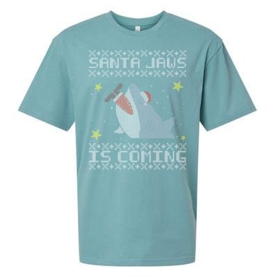 Santa Jaws Is Coming Ugly Christmas Sueded Cloud Jersey T-Shirt