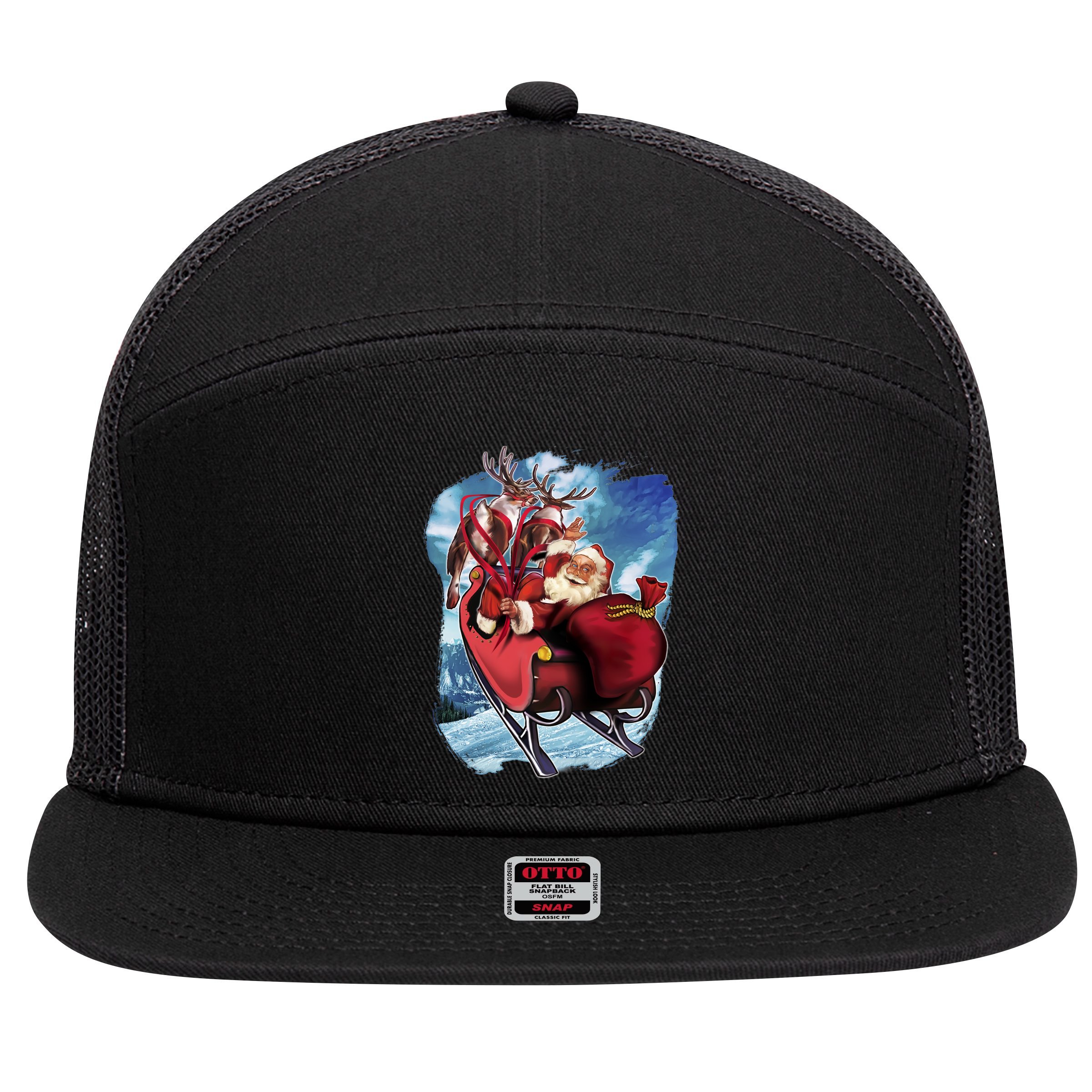 Santa Reindeer Sleigh Flying Over Snow 7 Panel Mesh Trucker Snapback Hat