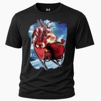 Santa Reindeer Sleigh Flying Over Snow Cooling Performance Crew T-Shirt