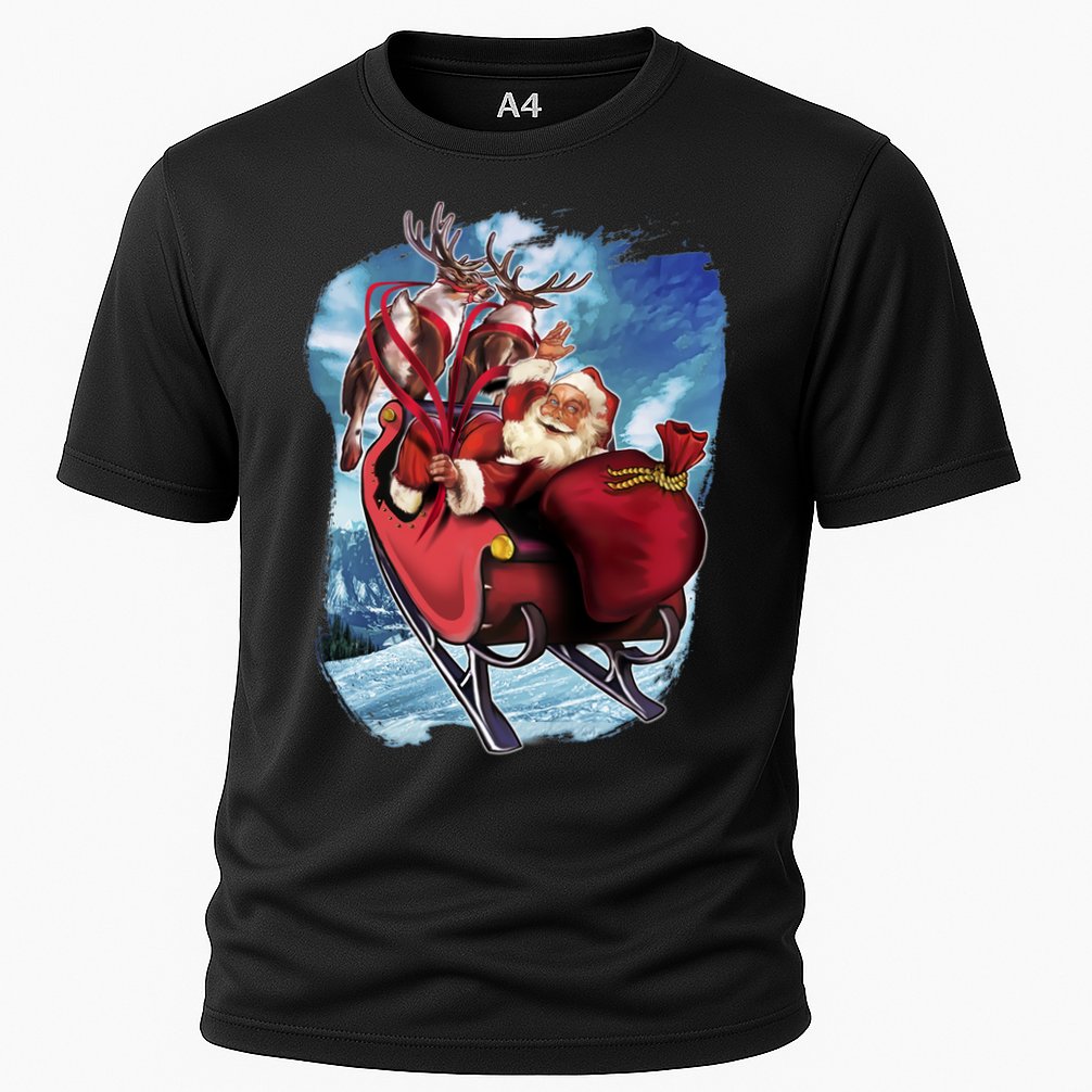Santa Reindeer Sleigh Flying Over Snow Cooling Performance Crew T-Shirt