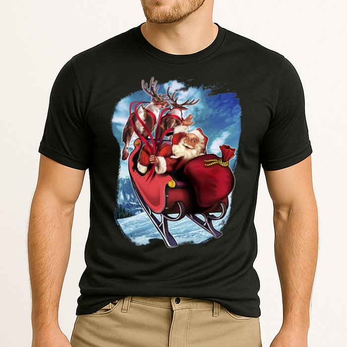 Santa Reindeer Sleigh Flying Over Snow Cooling Performance Crew T-Shirt
