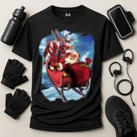 Santa Reindeer Sleigh Flying Over Snow Cooling Performance Crew T-Shirt