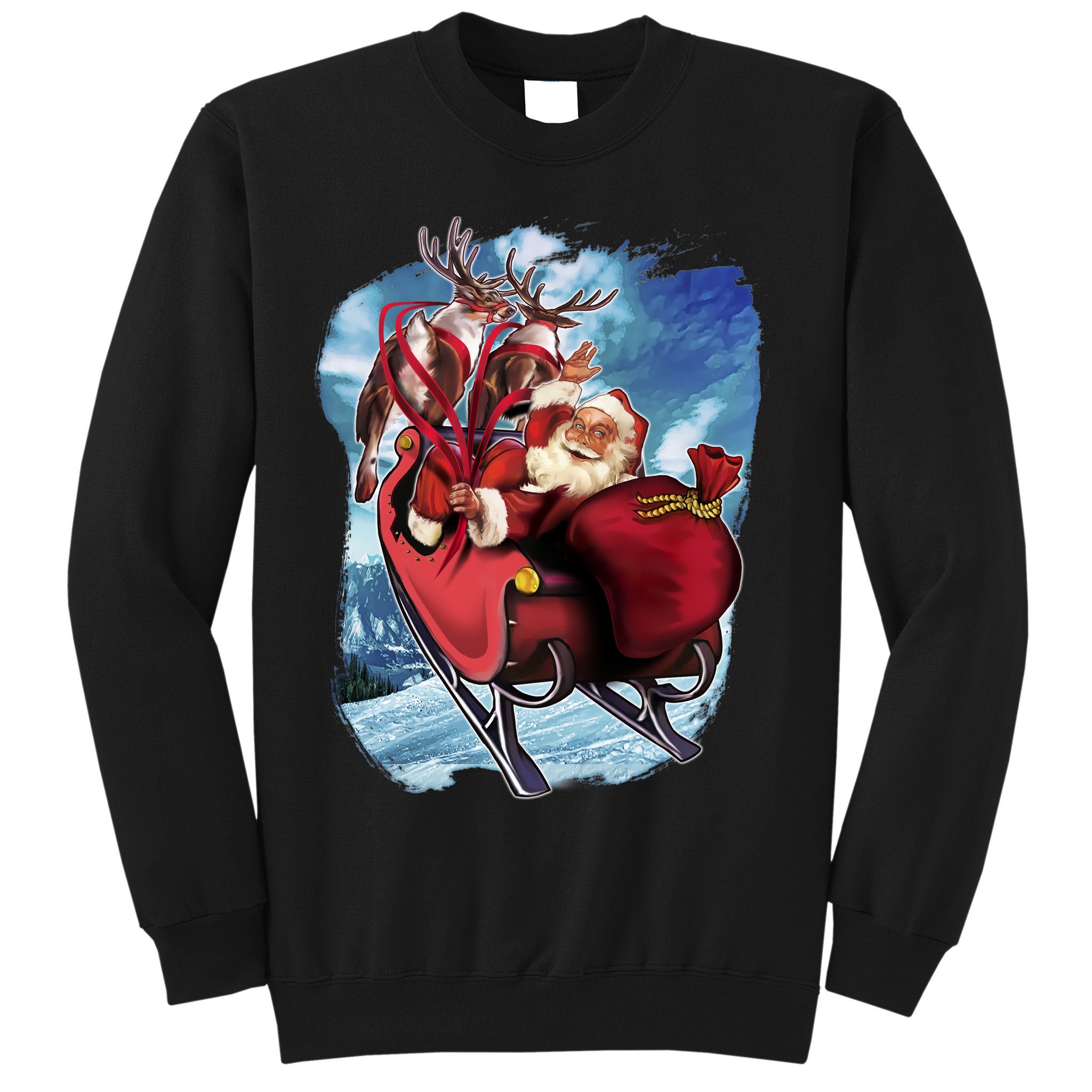 Santa Reindeer Sleigh Flying Over Snow Sweatshirt
