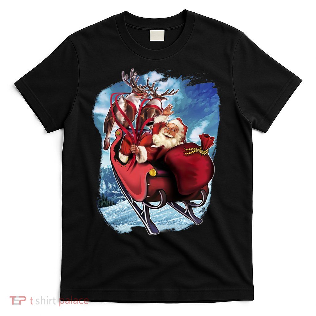 Santa Reindeer Sleigh Flying Over Snow T-Shirt