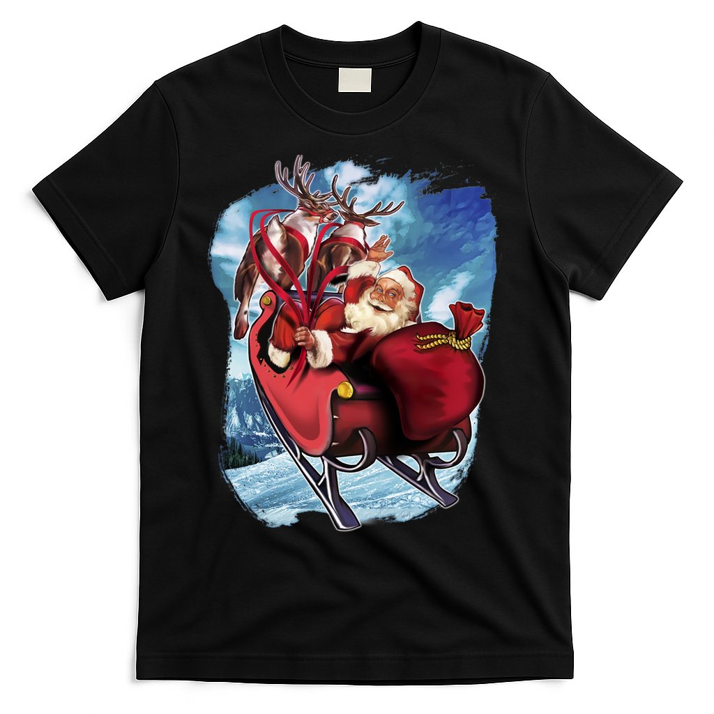 Santa Reindeer Sleigh Flying Over Snow T-Shirt