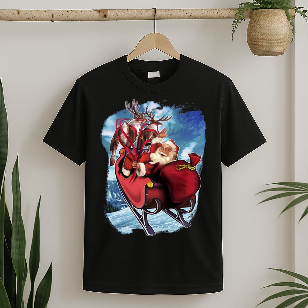 Santa Reindeer Sleigh Flying Over Snow T-Shirt