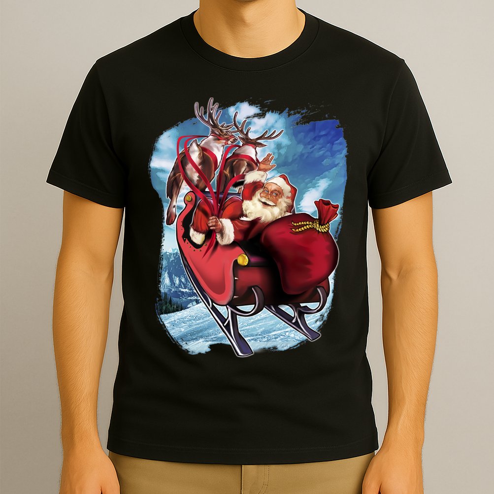 Santa Reindeer Sleigh Flying Over Snow T-Shirt