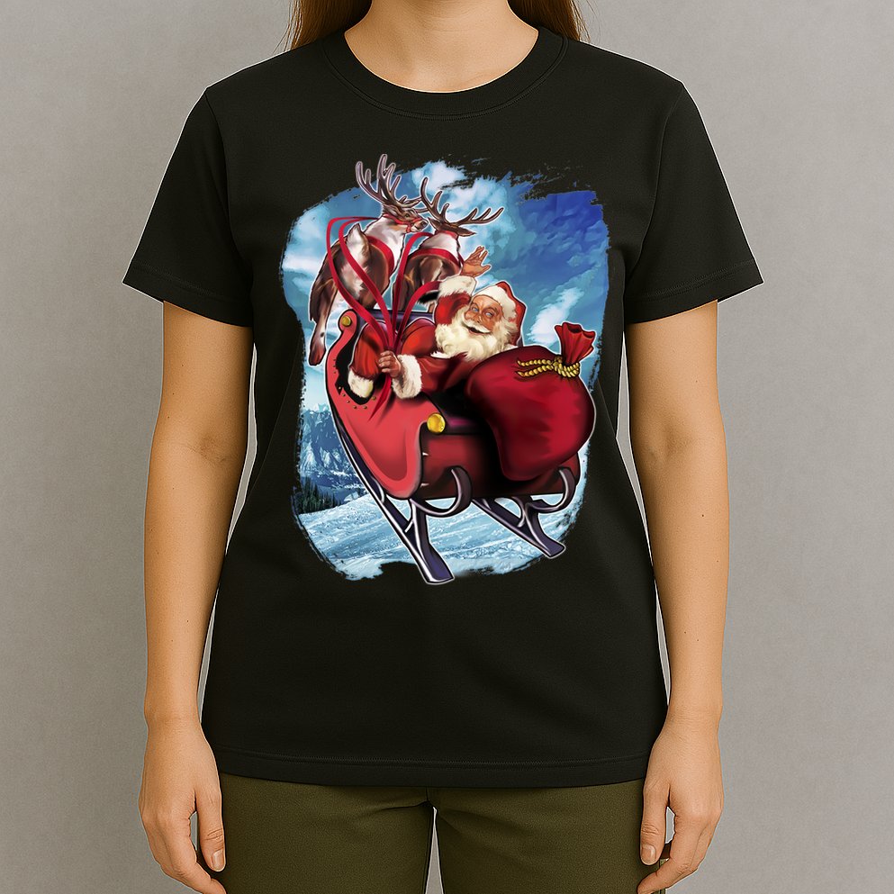 Santa Reindeer Sleigh Flying Over Snow T-Shirt
