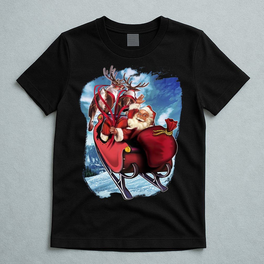 Santa Reindeer Sleigh Flying Over Snow T-Shirt