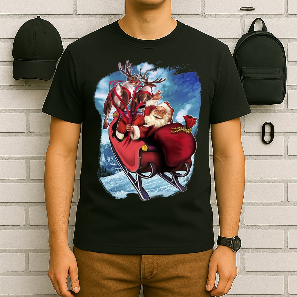 Santa Reindeer Sleigh Flying Over Snow T-Shirt