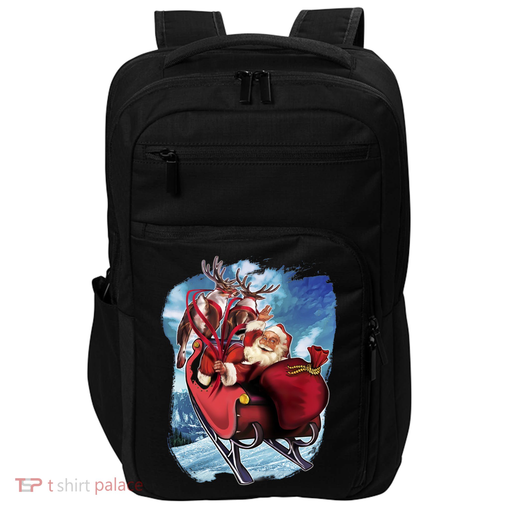 Santa Reindeer Sleigh Flying Over Snow Impact Tech Backpack