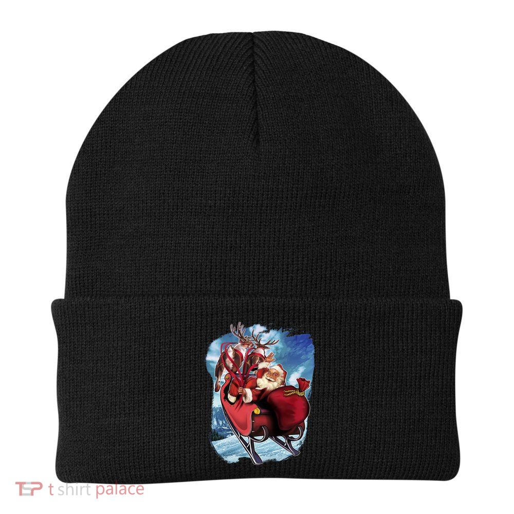 Santa Reindeer Sleigh Flying Over Snow Beanie