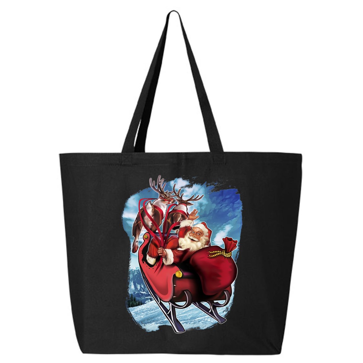 Santa Reindeer Sleigh Flying Over Snow 25L Jumbo Tote
