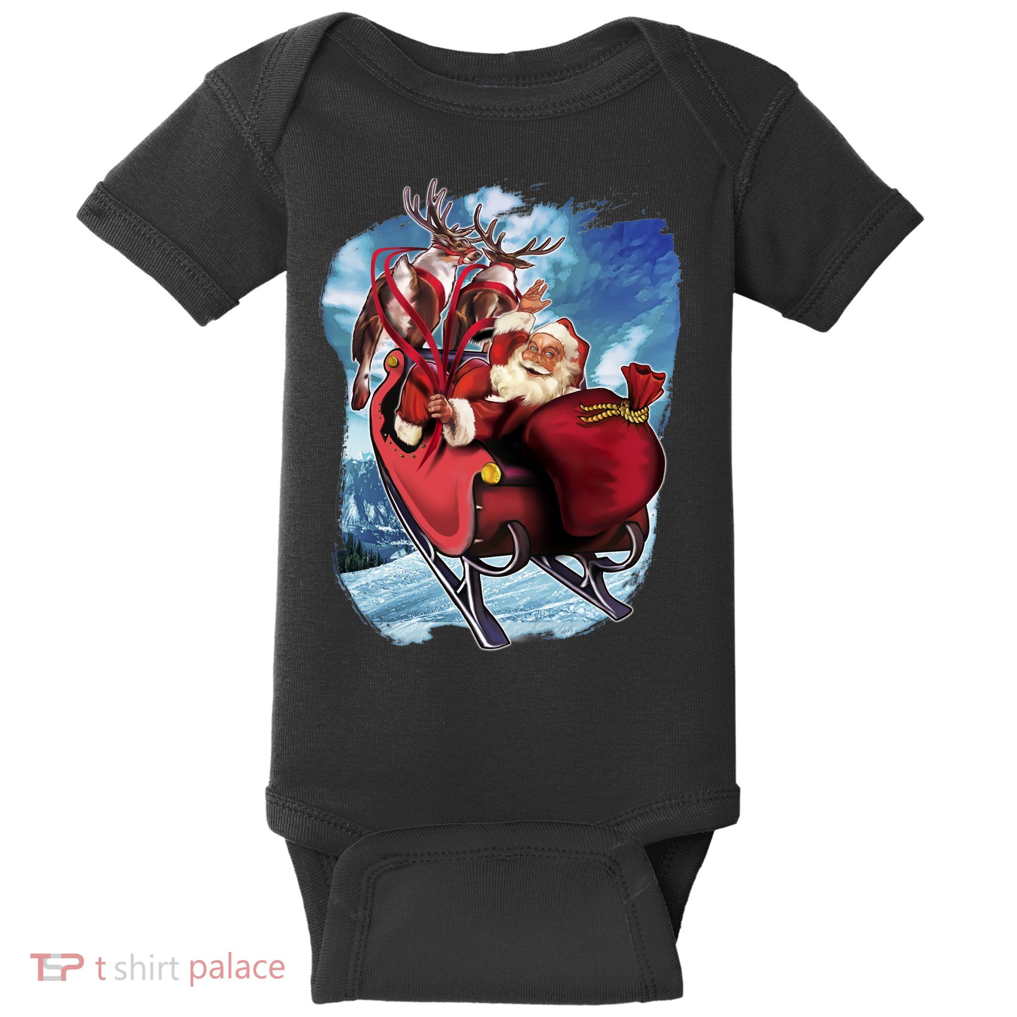 Santa Reindeer Sleigh Flying Over Snow Baby Bodysuit