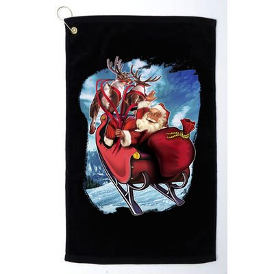 Santa Reindeer Sleigh Flying Over Snow Golf Towel