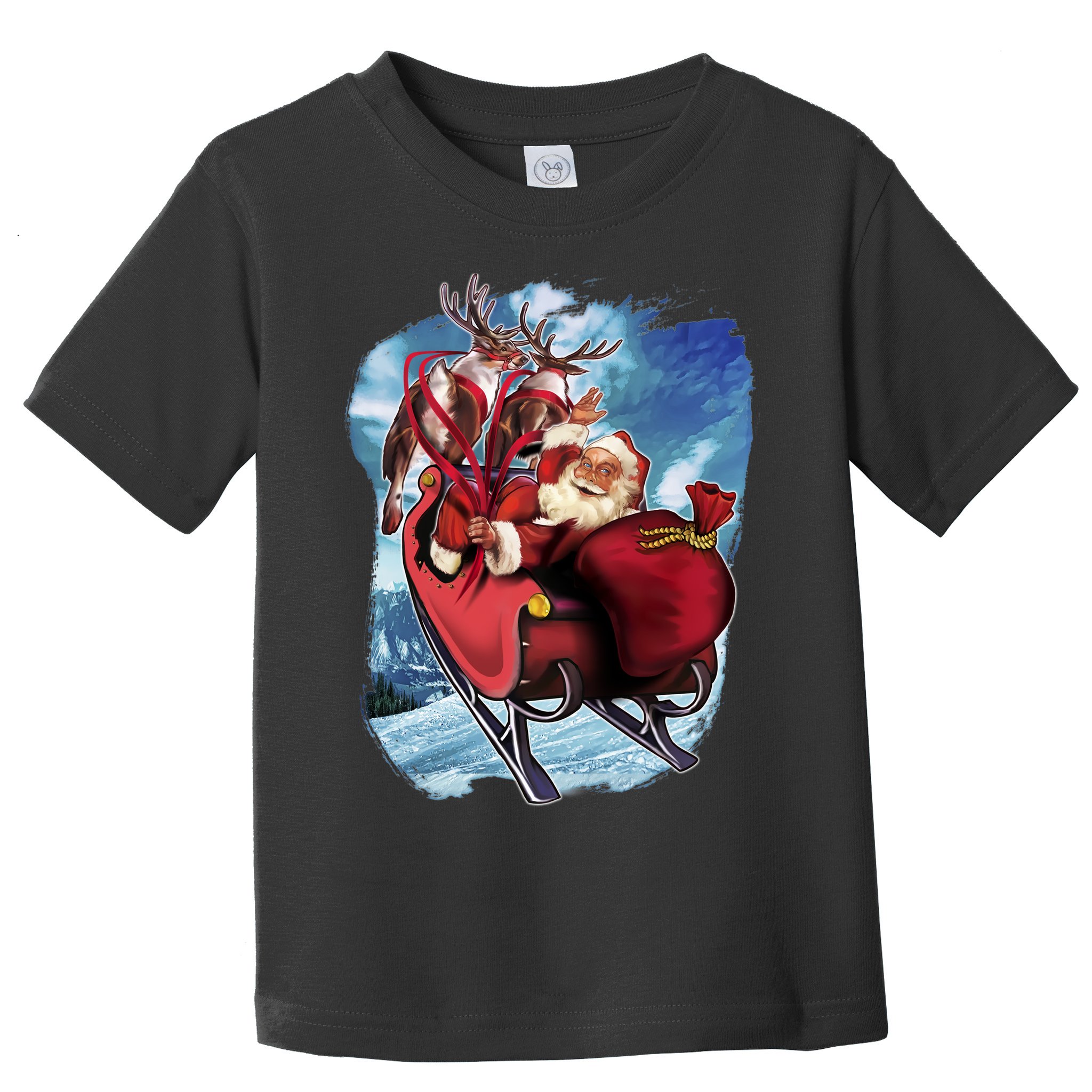 Santa Reindeer Sleigh Flying Over Snow Toddler T-Shirt
