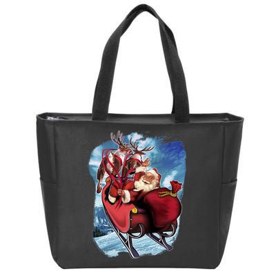 Santa Reindeer Sleigh Flying Over Snow Zip Tote Bag
