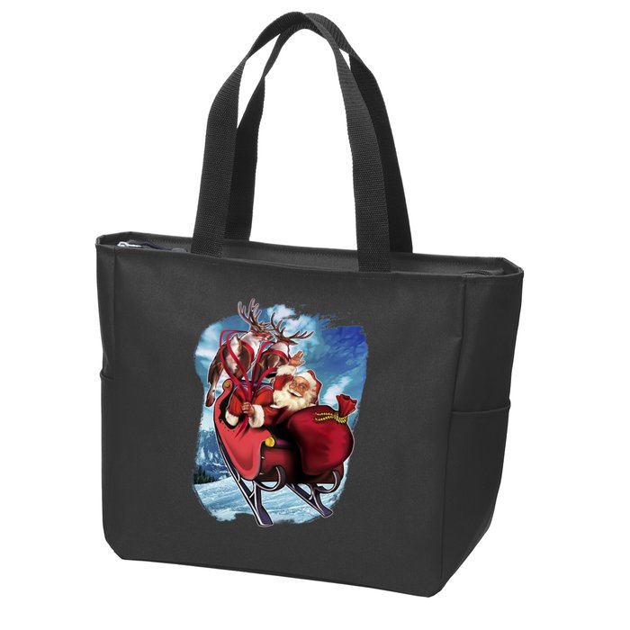 Santa Reindeer Sleigh Flying Over Snow Zip Tote Bag