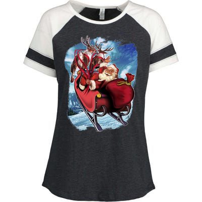 Santa Reindeer Sleigh Flying Over Snow Enza Ladies Jersey Colorblock Tee