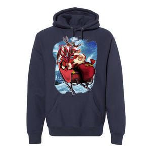 Santa Reindeer Sleigh Flying Over Snow Premium Hoodie