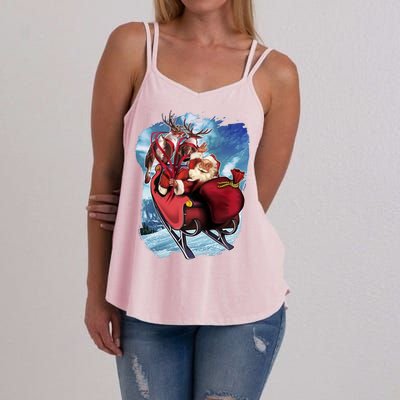 Santa Reindeer Sleigh Flying Over Snow Women's Strappy Tank