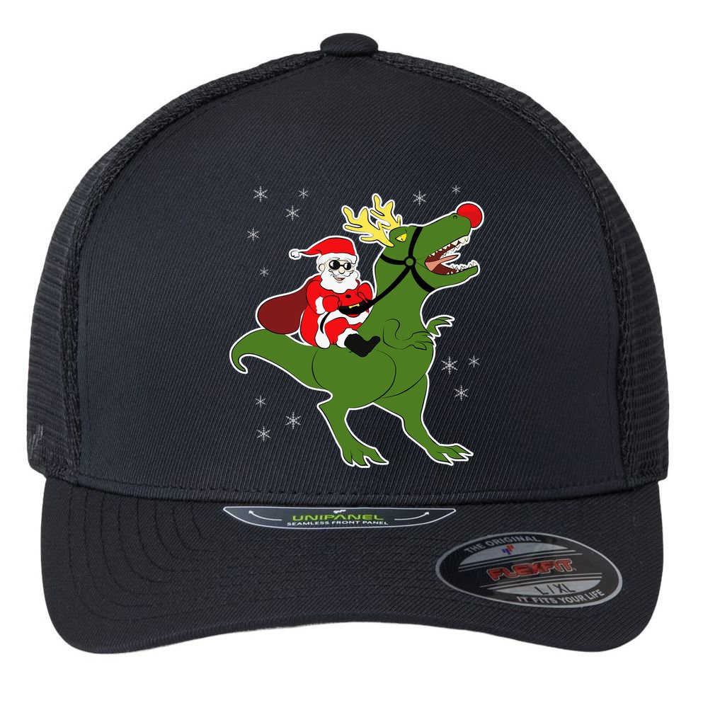 Santa Riding T-Rex Flexfit Unipanel Trucker Cap